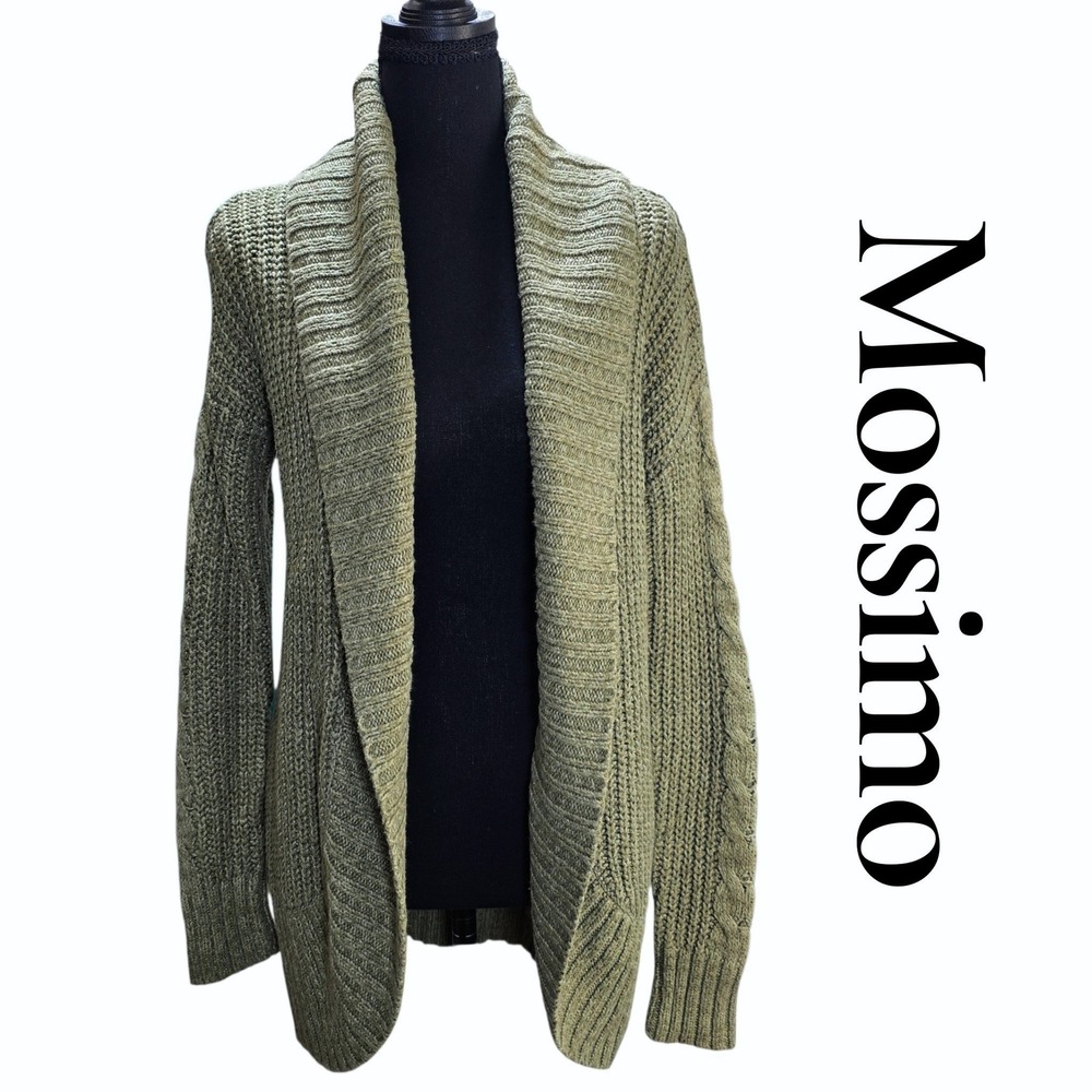 Mossimo Cardigan Women XS Green Cotton Blend Shawl Collar Cable Knit Open Front